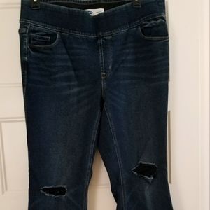 Old Navy plus, long, high waisted, pull on ripped kicker boot cut jean